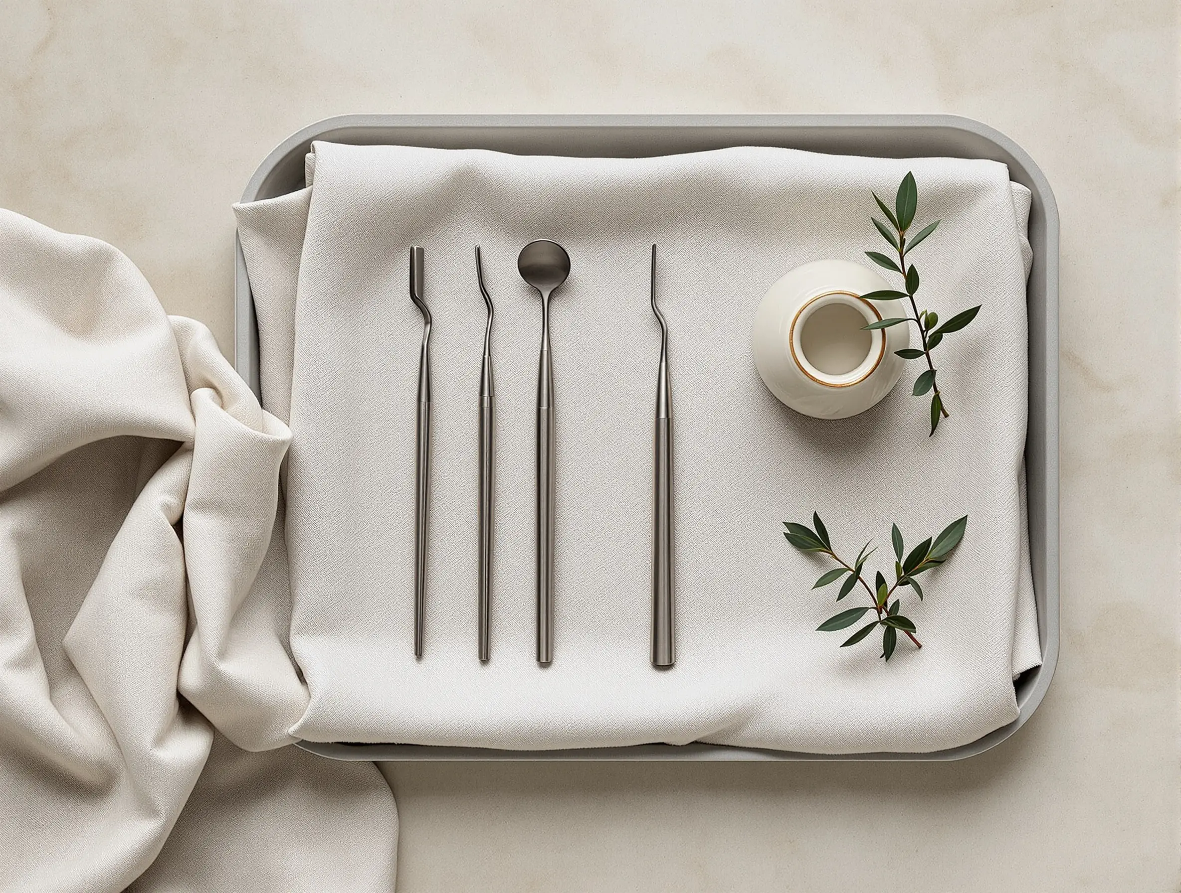 Detail, linen-wrapped instrument tray, brushed steel on travertine