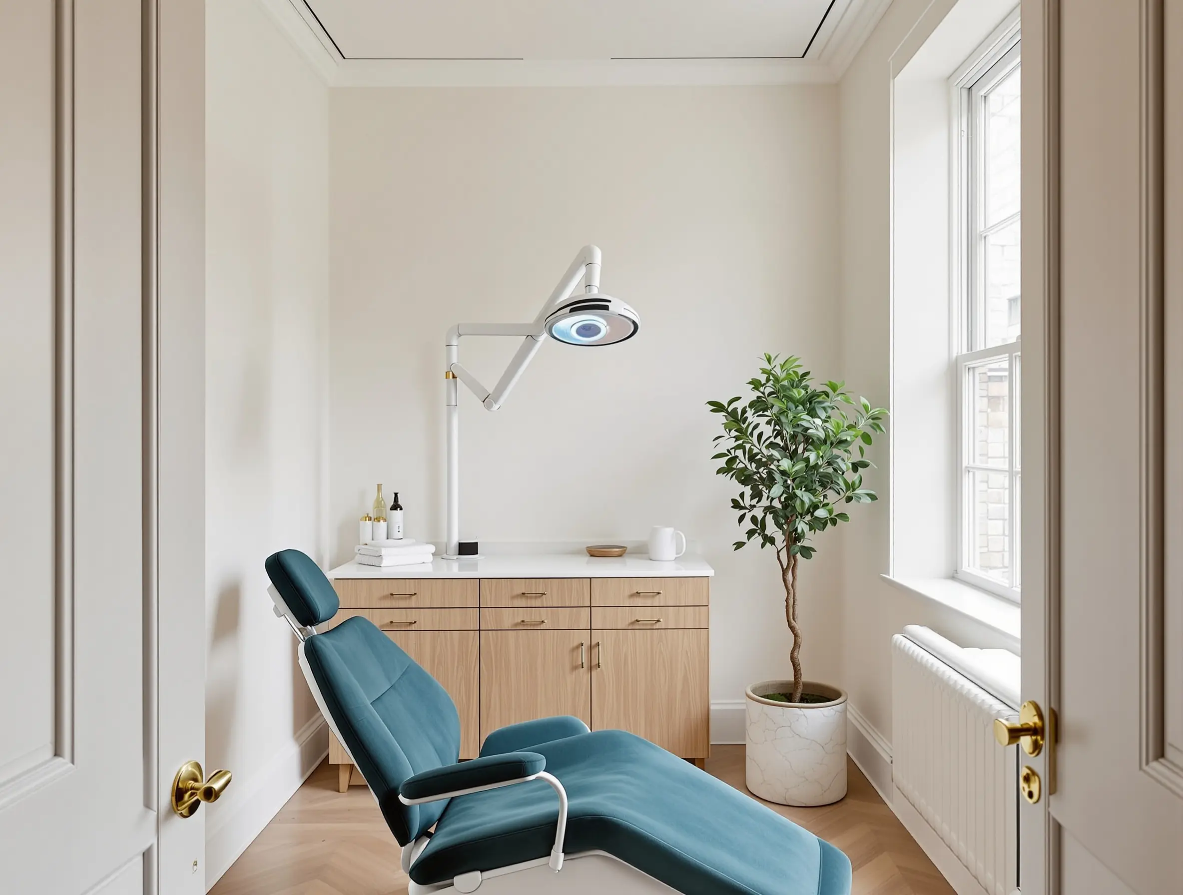 Treatment room interior, plaster walls, oak cabinetry, instruments on linen tray