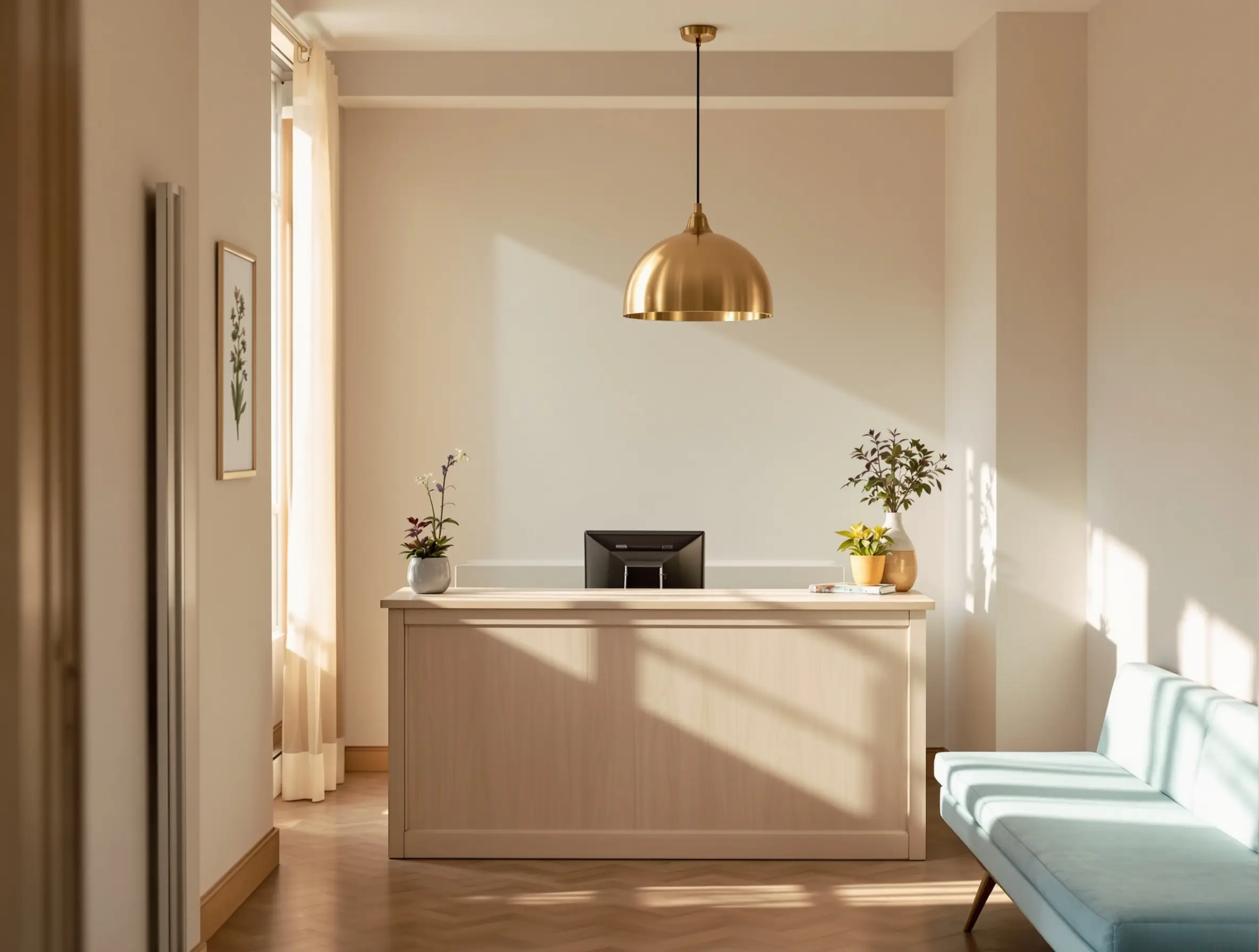 Reception area, warm light, low oak bench, linen-upholstered seating